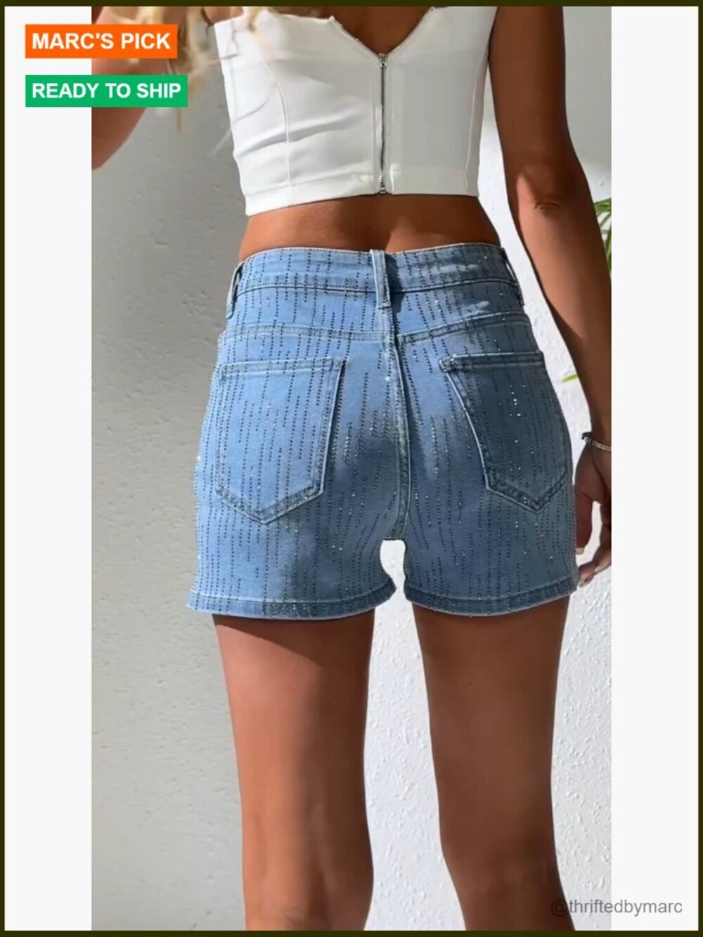 High Waisted Denim Shorts with Rhinestone Embellishments for Party Outfits - Picture 7 of 7